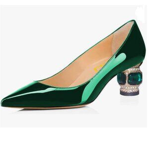 FSJ Dark Green Bridal Pointed Toe Block Low Heel Crystal Pumps Wedding Shoes